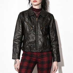 Y2k Patchwork Leather Utility Jacket Womens M Black Zip Front Biker Trucker Boho
