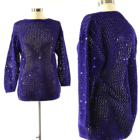 90s Vintage Purple Sequined Tunic Sweater Oversiz… - image 1