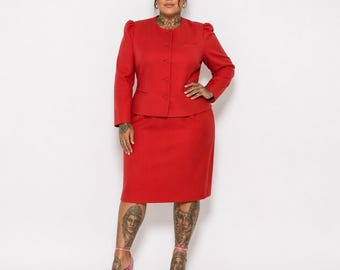 70s Vintage Red Puff Sleeve 2 Piece Skirt Suit Set Womens 12 Pencil Mod Jacket L