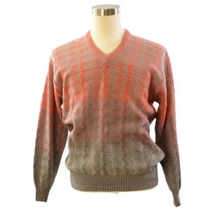 70s Vintage Wool Chevron Sweater Mens XL Orange Tan Ombre Wave Abstract V Neck
