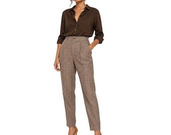 90s Vintage Liz Sport Plaid Pleated Pants Womens 2 Tan Brown High Rise Cotton