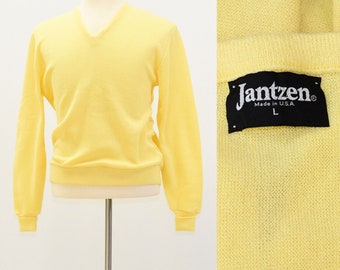 80s Vintage Mens Yellow Jantzen Sweater Size L V Neck Made In USA