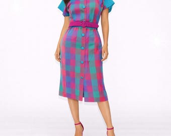 60s Vintage Turquoise Check Print Dress Square Neck Belted Cotton Pink Womens S
