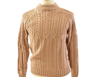 70s Vintage Campus Rugged Country Tan Cable Knit Sweater Mock Neck Mens M