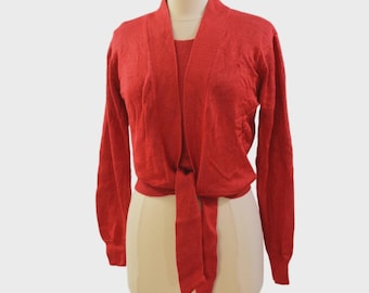 90s Vintage Red Knit Sweater Set Womens S Cropped Tank Wrap Cardigan Shawl Collar