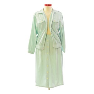 80s Vintage Koret Fransisca Seersucker Skirt Set Womens L Green White 2 Piece
