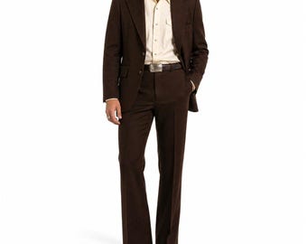 70s Vintage Mens Suit 42R Dark Brown Big Lapel 2 Pc Flare Pants Western Cowboy