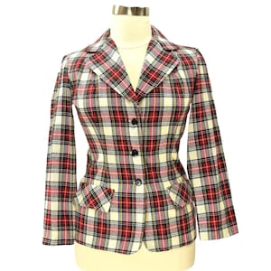 70s Vintage Wool Blend Plaid Shirt Jacket Womens L 12 Western Fitted Blazer Red Ivory Check Fitted Preppy Mod Tartan Shacket