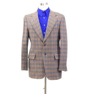 70s Vintage Warren Sewell Wool Blazer Mens 42 Brown Blue Plaid 2 Button Ivy Mod Sport Coat Wide Lapel Fall Jacket USA Made Disco