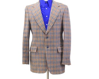 70s Vintage Warren Sewell Wool Blazer Mens 42 Brown Blue Plaid 2 Button Ivy Mod Sport Coat Wide Lapel Fall Jacket USA Made Disco