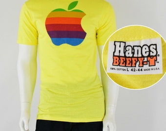 1980s vintage apple rainbow t shirt super soft! deadstock mens L hanes