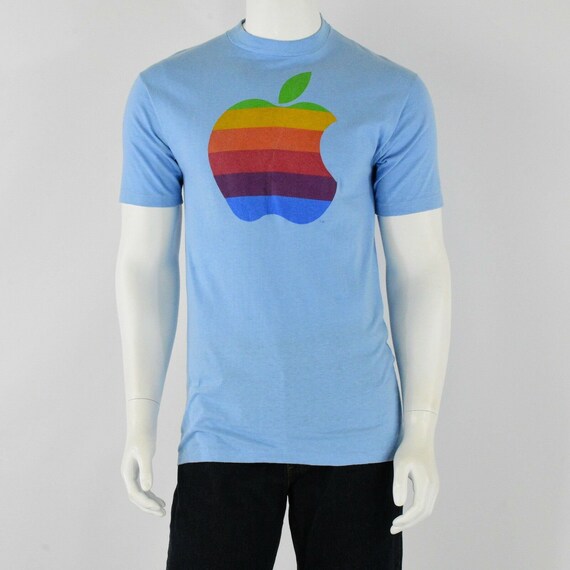 1980s Vintage Apple T Shirt in Sky Blue Rainbow T 80s Vintage Mens