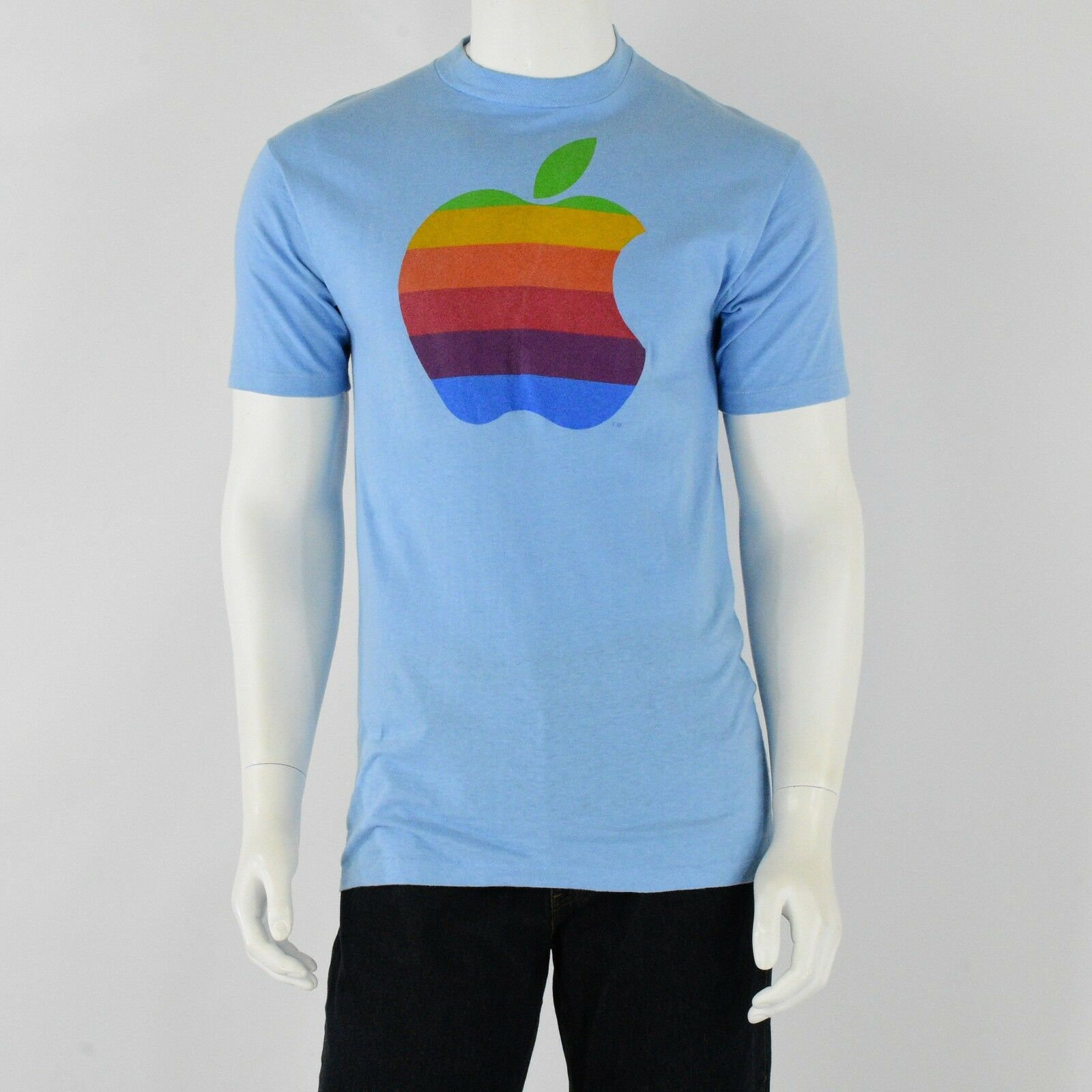 1980s Vintage Apple T Shirt in Sky Blue Rainbow T 80s Vintage Mens