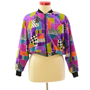 80s Vintage Notations Geometric Oversized Bomber Jacket Womens L Bold Print