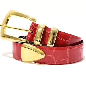 80s Vintage Womens Red & Gold Leather Waist Belt Size S/M