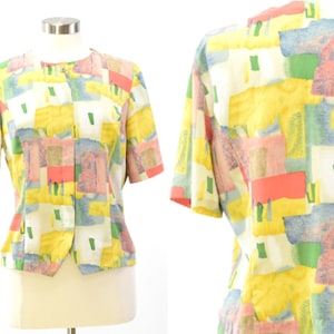 80s Vintage Women&#39;s Abstract Geometric Top Boxy Style Tee Blouse Size 10