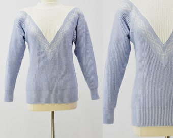 80s Vintage Women's S Mock Neck Sweater Blue & White TOGETHER