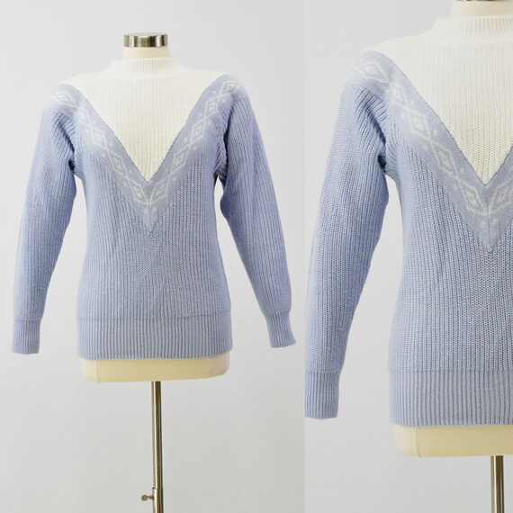 80s Vintage Women's S Mock Neck Sweater Blue & Wh… - image 1
