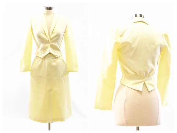 70s Vintage Yellow Skirt Suit Nipped Waist Croppe… - image 1
