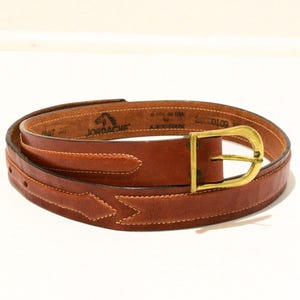 80s Jordache Western Leather Belt Size 32 Or M/L Brown Topstitched Brass Buckle