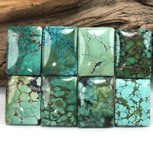 May include: Eight rectangular turquoise cabochons arranged in two rows. Each stone features a polished surface with unique natural matrix patterns in shades of blue, green, and brown. The stones vary in color intensity and veining density.