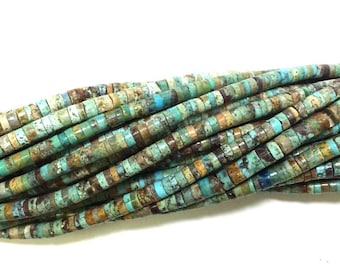Natural Turquoise Heishi Beads, 4mm Brown Green Heishi Strand (15 inch)