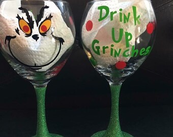 Grinch holiday wine glass
