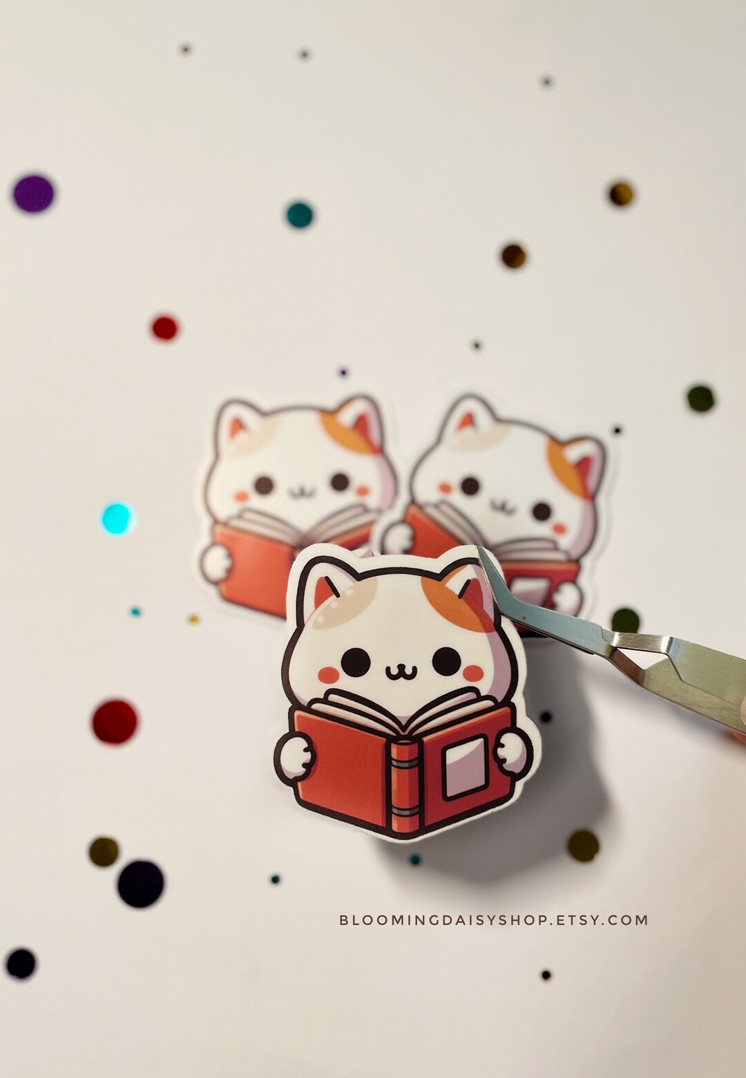 Kitty Stickers-cute Kitty Reading Sticker-fun Stickers-floral Sticker ...