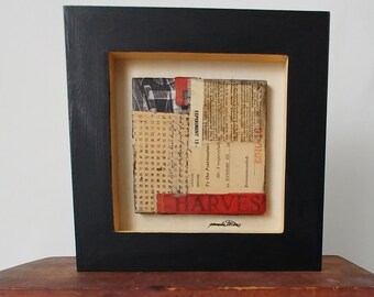 SIDE EFFECTS, frame mixed media abstract collage, original art, wall art, vintage papers, 8 x 8 Inch