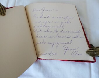 1890s Red Velvet Covered Autograph Book, Victorian, Antique, Handwriting, Vintage Penmanship, Sentiments