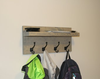 Bronze Hook Coat Rack, Rustic Modern Floating Shelf, Floating Shelf, Rustic Entryway 4 Hanger Hook Coat Rack, Rack Wood Coat Rack Shelf