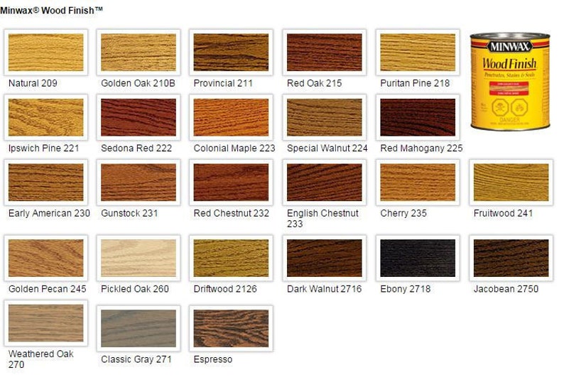 May include: A color chart of Minwax Wood Finish stains. The chart displays various wood stain colors, including Natural, Golden Oak, Red Oak, and Ebony. A can of Minwax Wood Finish is also shown.