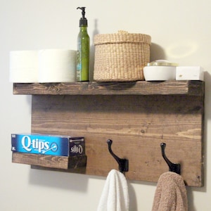 Modern Bathroom 2 Tier Floating Shelf, Towel Rack, Bronze Robe Hooks, Rustic Wood, Modern Coat Rack, Rustic bathroom decor Reclaimed Shelves