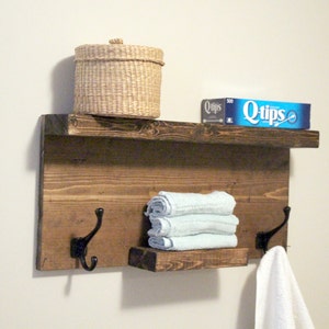 Rustic bathroom decor, Modern Bathroom 2 Tier Floating Shelf, Towel Rack, Bronze Robe Hooks, Rustic Wood, Modern Coat Rack Reclaimed Shelves
