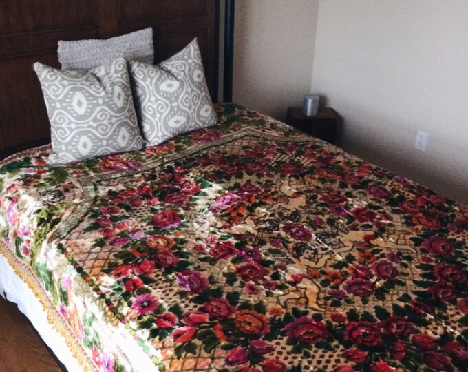 Vintage Velvet Italian Bedspread With Roses and Cherubs and Chenille Fringe, Wall Tapestry, Wall
