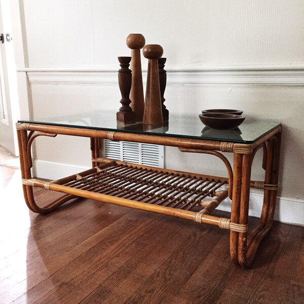 RESERVED Vintage Franco Albini Style Rattan Coffee Table, two tiered rattan coffee table, bentwood bamboo and rattan table