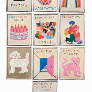 May include: Nine framed illustrations with colorful drawings and text. The illustrations include a rainbow, a cake, a group of people, a couple, a dog, a door, a cat, and a tooth.