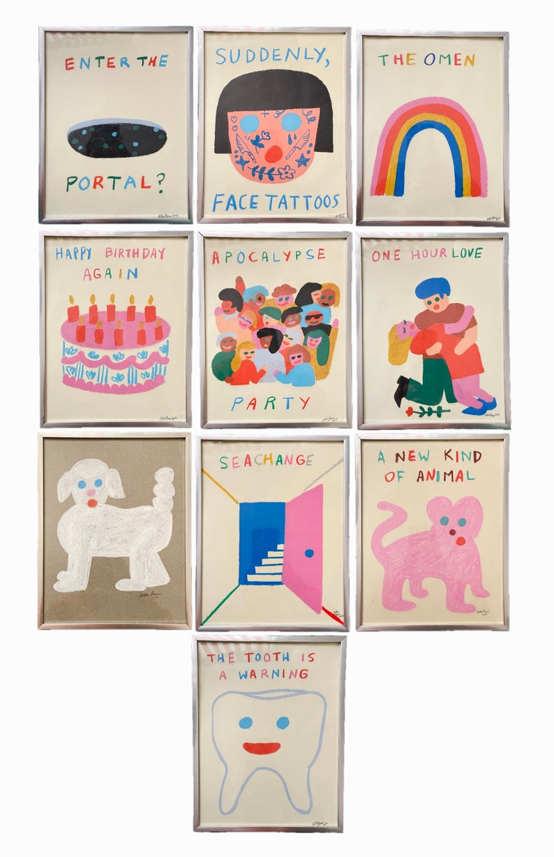May include: Nine framed illustrations with colorful drawings and text. The illustrations include a rainbow, a cake, a group of people, a couple, a dog, a door, a cat, and a tooth.