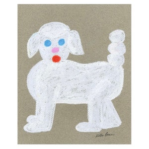 May include: A white, cartoon-style poodle with blue eyes, a pink nose, and a red mouth. The poodle is standing on a brown background. The artist's signature, "Katie Barr", is in the bottom right corner.