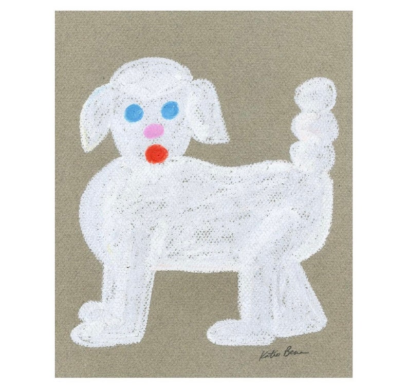 May include: A white, cartoon-style poodle with blue eyes, a pink nose, and a red mouth. The poodle is standing on a brown background. The artist's signature, "Katie Barr", is in the bottom right corner.