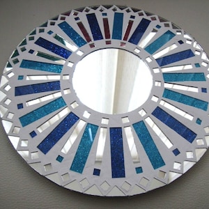 Mosaic Silver Mirror & Blue colour Glitter glass KIT. 20 cm Diameter with instructions.