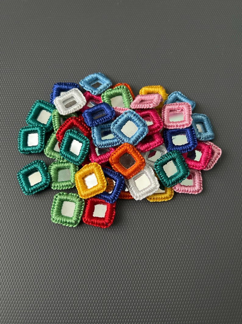 Sheesha 100 Pieces, SQUARE Crochet 10 Colour Mix With Silver Mirror ...
