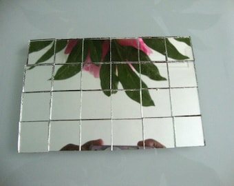 May include: A rectangular mosaic mirror composed of small, square mirrored tiles. The mirror reflects a pink flower and green leaves, with a hint of a person holding a phone. The mosaic is set against a light background.