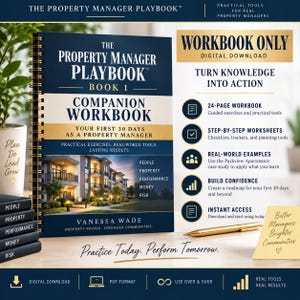 May include: A spiral-bound workbook titled The Property Manager Playbook Book 1 Companion Workbook, featuring a dark blue cover with a photo of an apartment building. The text includes Your First 30 Days As A Property Manager by Vanessa Wade.