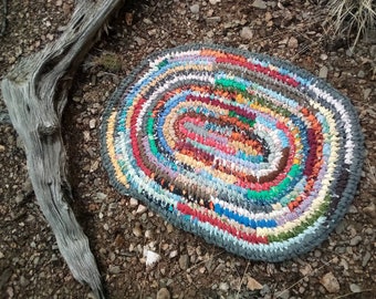 Multicolored Rag Rug, oval. Dark gray final row.  Toothbrush knotted rag rug. Amish rag rug. Classic! Machine Wash Dry!