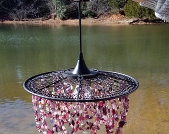 Victorian farmhouse chandelier,  Glass beads of plums, pinks, burgundy on gorgeous metal wire shade with pendant light fixture.