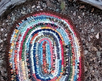 Multicolored  large Rag Rug, oval. Brown finishing row. Toothbrush knotted rag rug. Amish rag rug. Classic! Machine Wash Dry!