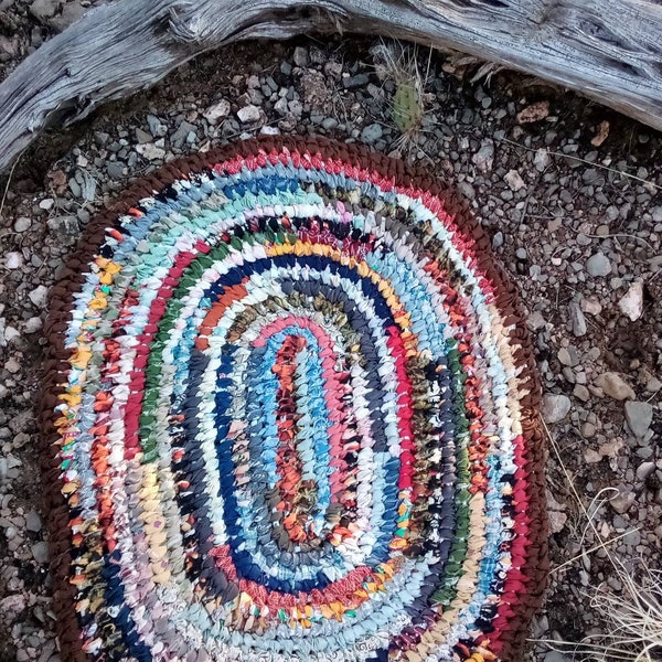 Multicolored  large Rag Rug, oval. Brown finishing row. Toothbrush knotted rag rug. Amish rag rug. Classic! Machine Wash Dry!