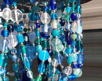 Blue glass chandelier shade - solar or indoor pendant electric. Beach wedding, Ocean, beach house, industrial loft, fifth wheel rv