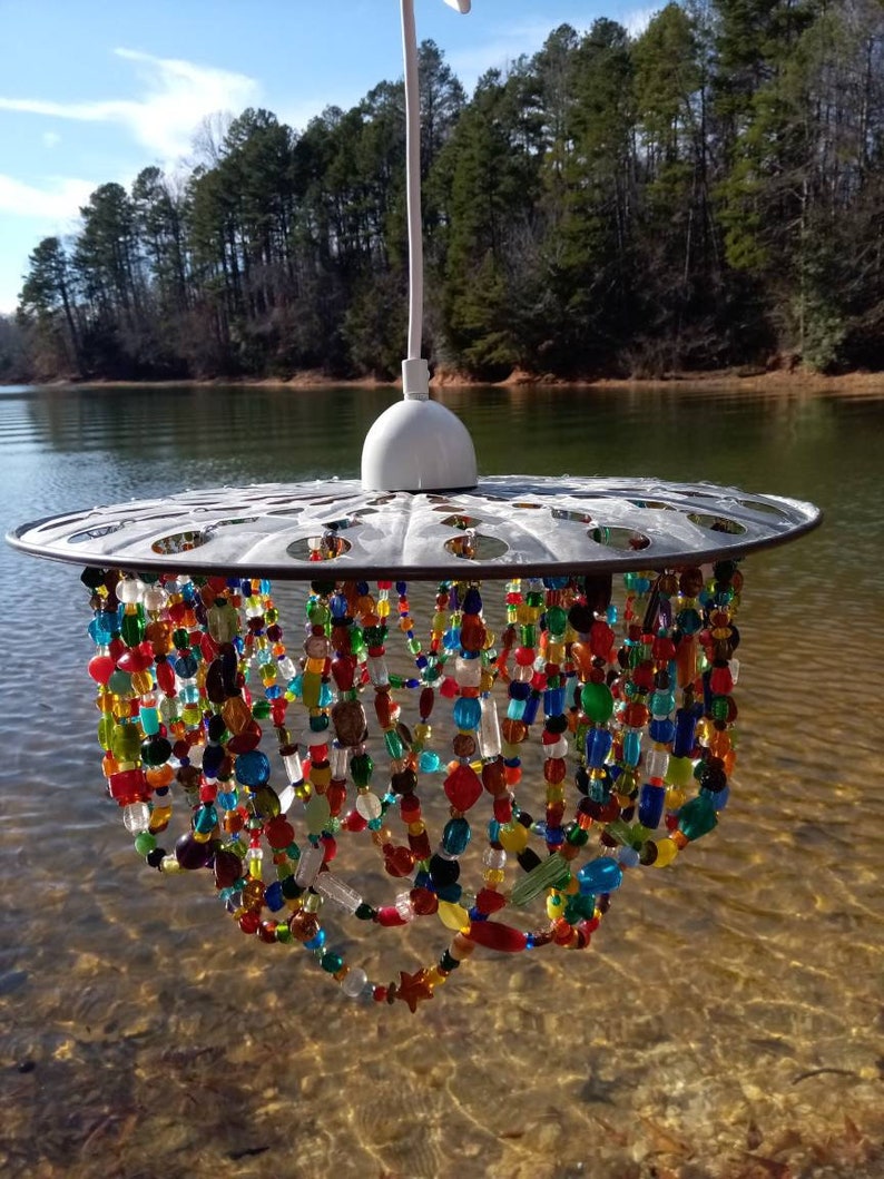 Farmhouse country chandelier, metal, multi-colored glass beads. Choose OUTDOOR SOLAR, Indoor pendant light fixture, or simply shade image 7